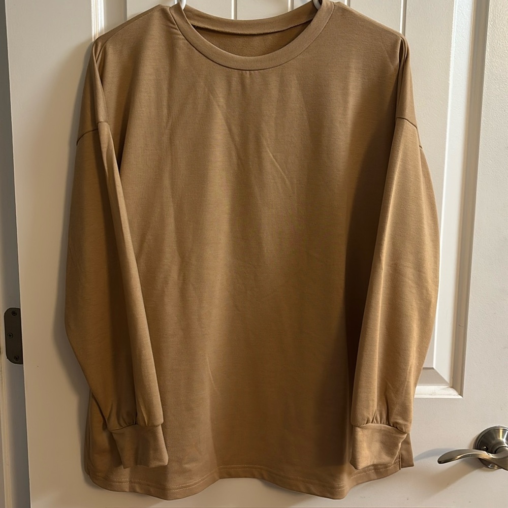 Oversized Tan Drop-Shoulder Sweatshirt | Neutral Minimalist Pullover S